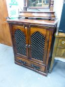 DARK WOOD TV/DRINKS CABINET, HAVING METAL PANELS ON CUPBOARD DOORS