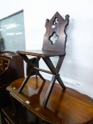 OAK HALL/CHURCH CHAIR WITH 'X' SHAPED LEGS AND SHAPED TOP (AS FOUND)