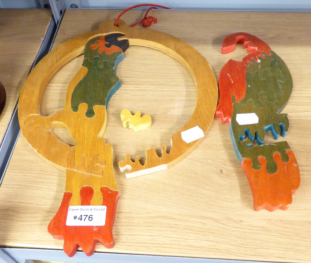 A WOODEN JIGSAW WALL ORNAMENT OF PARROTS (A.F.)