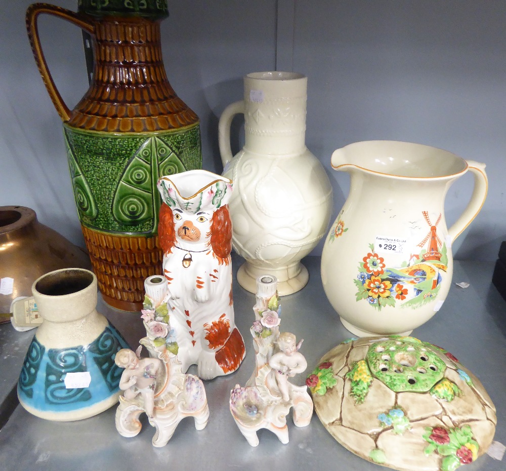 BURLEIGH JUG, WITH WINDMILL DECORATION, WEST GERMAN LARGE JUG, ANOTHER JUG, STAFFORDSHIRE DOG,
