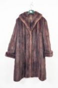 LADY'S BROWN MINK FULL LENGTH FUR COAT, with shawl collar, hook fastening front, slit pockets,