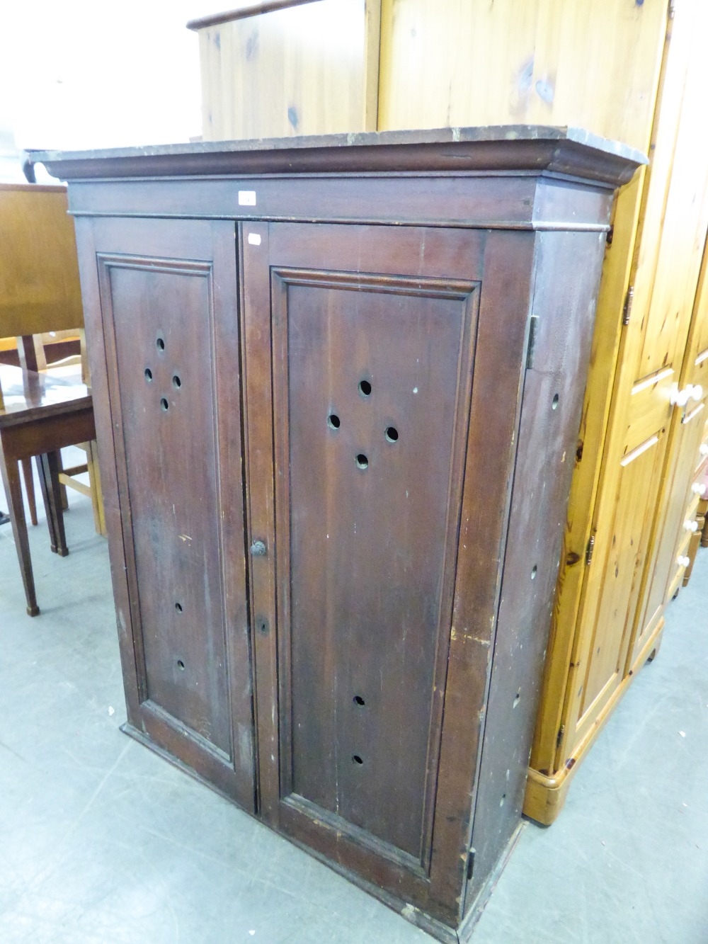 LARGE, TWO PANEL DOOR, STAINED WOOD STORAGE CUPBOARD (as found)