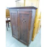 LARGE, TWO PANEL DOOR, STAINED WOOD STORAGE CUPBOARD (as found)