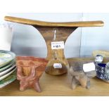 AFRICAN CARVED HARDWOOD HEADREST with white metal loop handle, together with TWO CLAY PIPE BOWLS