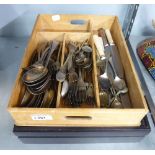 QUANTITY OF ELECTROPLATE TABLE CUTLERY, IN A WOODEN CUTLERY TRAY