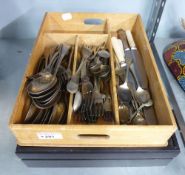 QUANTITY OF ELECTROPLATE TABLE CUTLERY, IN A WOODEN CUTLERY TRAY