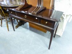STAG MAHOGANY DRESSING TABLE WITH THREE FRIEZE DRAWERS, ON FOUR SQUARE TAPERING LEGS