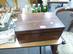 A NINETEENTH CENTURY ROSEWOOD PORTABLE WRITING BOX (LACKS INTERIOR)