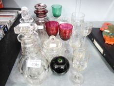 GLASS- GEORGIAN STYLE SMALL DECANTER AND STOPPER WITH TRIPLE RING NECK, ANOTHER, JAR AND COVER,