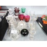 GLASS- GEORGIAN STYLE SMALL DECANTER AND STOPPER WITH TRIPLE RING NECK, ANOTHER, JAR AND COVER,