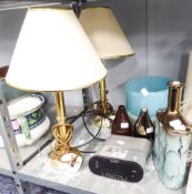 A PAIR OF BRASS BEDSIDE LAMPS AND SHADES, A SONY CLOCK/RADIO ON COLOURED GLASS VASE, THREE SMALL
