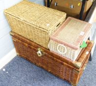 A LARGE WICKER BASKET AND TWO SMALLER WICKER BASKET TO INCLUDE; A QUANTITY OF SEWING MACHINES