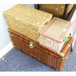 A LARGE WICKER BASKET AND TWO SMALLER WICKER BASKET TO INCLUDE; A QUANTITY OF SEWING MACHINES