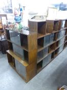 TWO 'UNIX' THREE SECTION OAK BOOKCASES AND TWO BLOCK SINGLE SECTIONS (SOME WITH GLASS SLIDING DOORS)