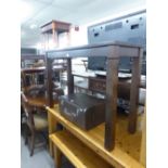 AN ORIENTAL EBONY NARROW OBLONG SIDE TABLE OR SMALL CUPBOARD WITH TWO GLAZED DOORS