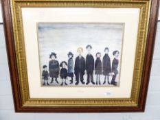 AFTER L.S. LOWRY - COLOUR PRINT OF AN ORIGINAL OIL PAINTING PEOPLE STANDING IN A ROW FRAMED AND