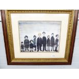 AFTER L.S. LOWRY - COLOUR PRINT OF AN ORIGINAL OIL PAINTING PEOPLE STANDING IN A ROW FRAMED AND