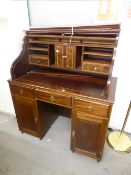 REPRODUCTION WRITING DESK WITH ROLL-TOP (DETACHED), LEATHER TOP, CUPBOARDS AND DRAWRES TO THE FITTED