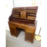 REPRODUCTION WRITING DESK WITH ROLL-TOP (DETACHED), LEATHER TOP, CUPBOARDS AND DRAWRES TO THE FITTED