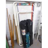 TWO TUBULAR FRAMED FOLDING GARDEN CHAIRS, TWO OTHER FOLDING GARDEN CHAIRS, IN BAGS, TWO SMALLER