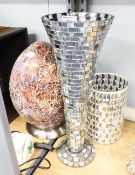 LARGE OVULAR GLASS TABLE LAMPS, A MIRROR GLASS TILED TRUMPET FLOWER VASE AND ANOTHER, A RESIN
