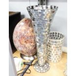 LARGE OVULAR GLASS TABLE LAMPS, A MIRROR GLASS TILED TRUMPET FLOWER VASE AND ANOTHER, A RESIN