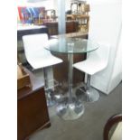 A MODERN TALL KITCHEN TABLE, WITH CIRCULAR GLASS TOP, ON STAINLESS STEEL COLUMN BASE, 24" DIAMETER