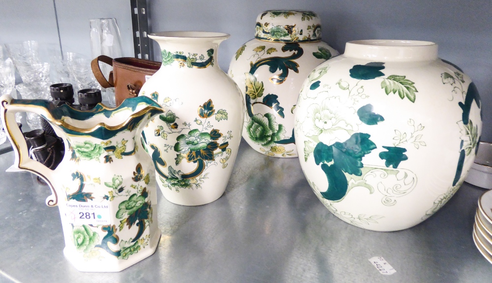 FOUR PIECES OF MASON'S 'CHARTREUSE' PATTERN POTTERY IN GREEN- GINGER JAR AND COVER, 9" high,