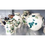 FOUR PIECES OF MASON'S 'CHARTREUSE' PATTERN POTTERY IN GREEN- GINGER JAR AND COVER, 9" high,