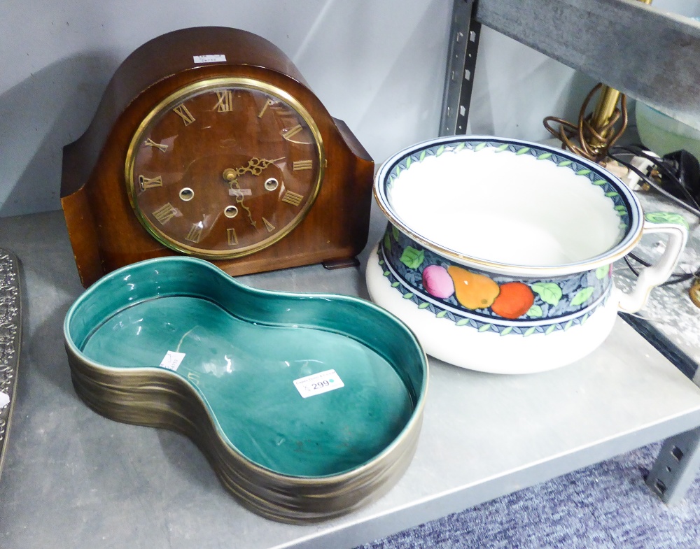 A BESWICK POTTERY SHALLOW PLANTER, ALSO A LATE 1930's MANTEL CLOCK AND A LOSOL WARE CHAMBER POT (3)