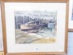 T. BROWN WATERCOLOUR DRAWING HARBOUR SCENE