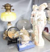 LADY AND GENTLEMAN BISQUE FIGURE'S, CERAMIC OIL LAMP, CAROLINE FIGURE AND TWO OTHER ITEMS