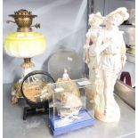 LADY AND GENTLEMAN BISQUE FIGURE'S, CERAMIC OIL LAMP, CAROLINE FIGURE AND TWO OTHER ITEMS