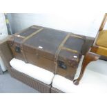 LARGE VINTAGE FABRIC WOOD AND LEATHER BOUND TRAVEL TRUNK, with inner lift out tray and brass