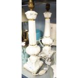 A PAIR OF WHITE ALABASTER TABLE LAMPS AND SHADES