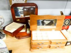 TWO MODERN POLISHED WOOD TABLE TOP JEWELLERY CABINETS