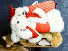 A BOX OF SOFT TOYS VARIOUS TO INCLUDE; TWO TEDDY BEARS, CLOWN TOY AND VARIOUS CARTOON CHARACTERS