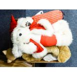 A BOX OF SOFT TOYS VARIOUS TO INCLUDE; TWO TEDDY BEARS, CLOWN TOY AND VARIOUS CARTOON CHARACTERS