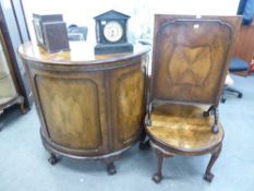 CIRCA 1930's WALNUT LOUNGE SUITE, COMPRISING; DEMI LUNE COCKTAIL CABINET, COFFEE TABLE OF CIRCULAR