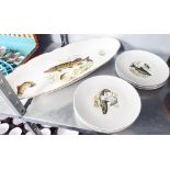 POST-WAR FRENCH PORCELAIN FISH SERVING SET OF SIX PLATES AND A LARGE ELLIPTICAL FISH DISH, EACH