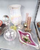 SEVEN PIECES OF COLOURED GLASS, TO INCLUDE; DECANTER, TWO FLOWER VASES, LARGE VASES ETC....