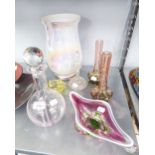 SEVEN PIECES OF COLOURED GLASS, TO INCLUDE; DECANTER, TWO FLOWER VASES, LARGE VASES ETC....