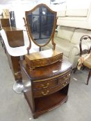 A REPRODUCTION MAHOGANY BOW-FRONTED CABINET WITH THREE DRAWERS ABOVE OPEN SECTION, ALSO A