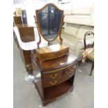 A REPRODUCTION MAHOGANY BOW-FRONTED CABINET WITH THREE DRAWERS ABOVE OPEN SECTION, ALSO A
