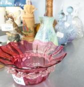 A BUD VASE; A CRANBERRY GLASS DISH; A CUT GLASS HAND BELL; A CAITHNESS HAND BLOWN SMALL BOTTLE