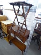 A REPRODUCTION MAHOGANY SIDE TABLE WITH TWO FRIEZE DRAWERS AND A BASAL SHELF, ALSO A SMALL CHIP