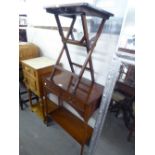 A REPRODUCTION MAHOGANY SIDE TABLE WITH TWO FRIEZE DRAWERS AND A BASAL SHELF, ALSO A SMALL CHIP