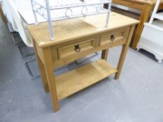 AN UNPOLISHED HARDWOOD HALL TABLE WITH TWO FRIEZE DRAWERS AND UNDERSHELF