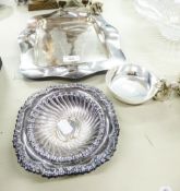 A VINERS SILVER PLATE SQUIRREL DISH AND A SILVER PLATE RECTANGULAR DISH WITH SHAPED WAVY RIM AND A
