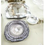 A VINERS SILVER PLATE SQUIRREL DISH AND A SILVER PLATE RECTANGULAR DISH WITH SHAPED WAVY RIM AND A